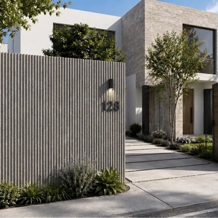 Casa moderna con fachada de piedra, valla acanalada y número 128